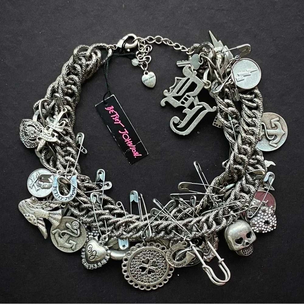 VINTAGE BETSEY JOHNSON Black Label Statement Charms Chain Necklace